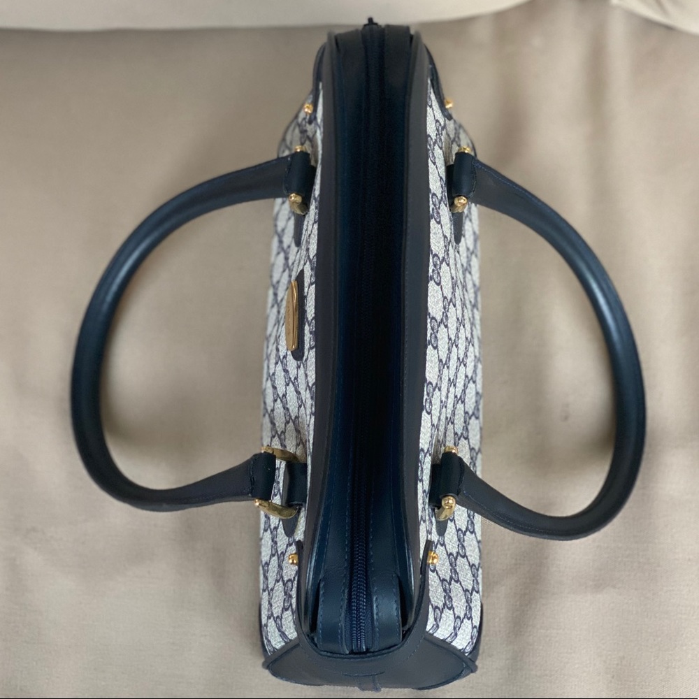 Vintage GUCCI Navy Blue Leather GG Satchel Tote - Picture 10 of 16